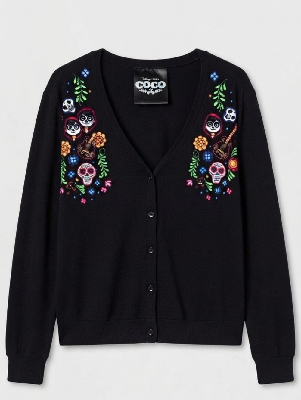 Disney Pixar Coco Embroidered Skull & Floral Black Button Front Cardigan 2X - Picture 2 of 11